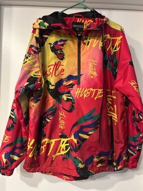 Encrypted Windbreaker Jacket - Red & Yellow Hustle Print